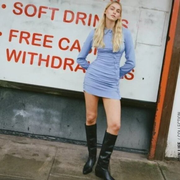 Zara Blue Bodycon Asymmetric Ruched Draped Long Sleeve Mini Shirt Dress - Picture 2 of 13
